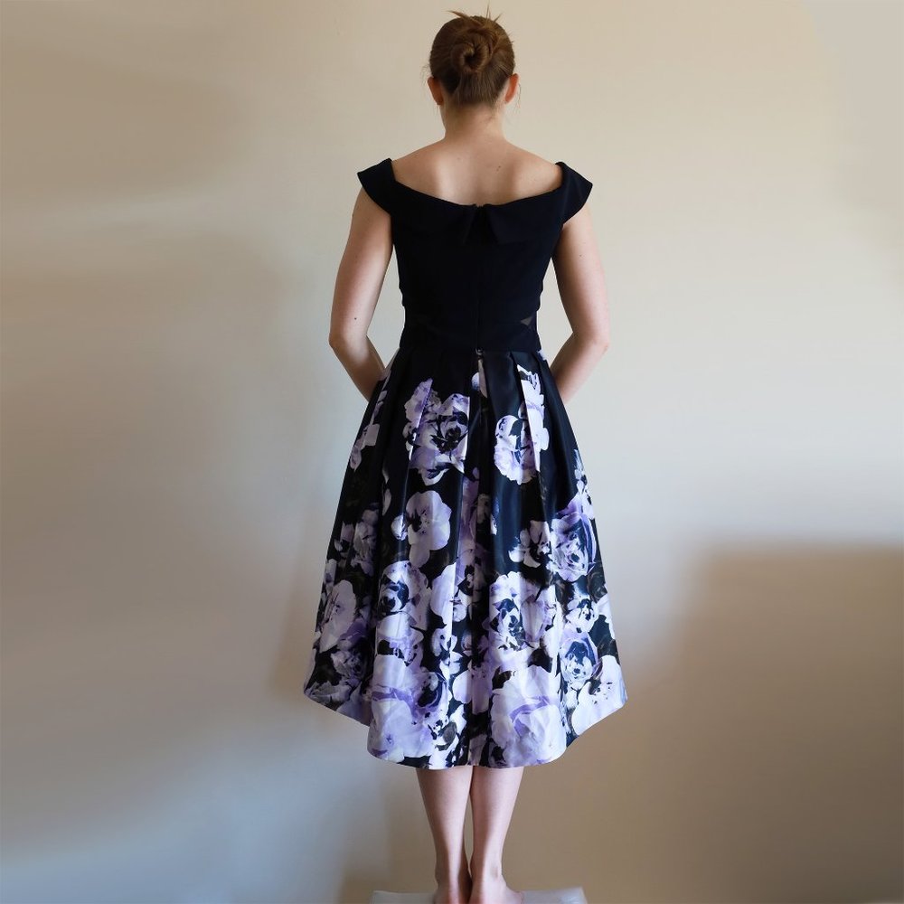 XSCAPE Navy and Lavender Floral Hi-Lo Dress
